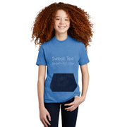 youth tee with pocket and mini-towel, blue tee